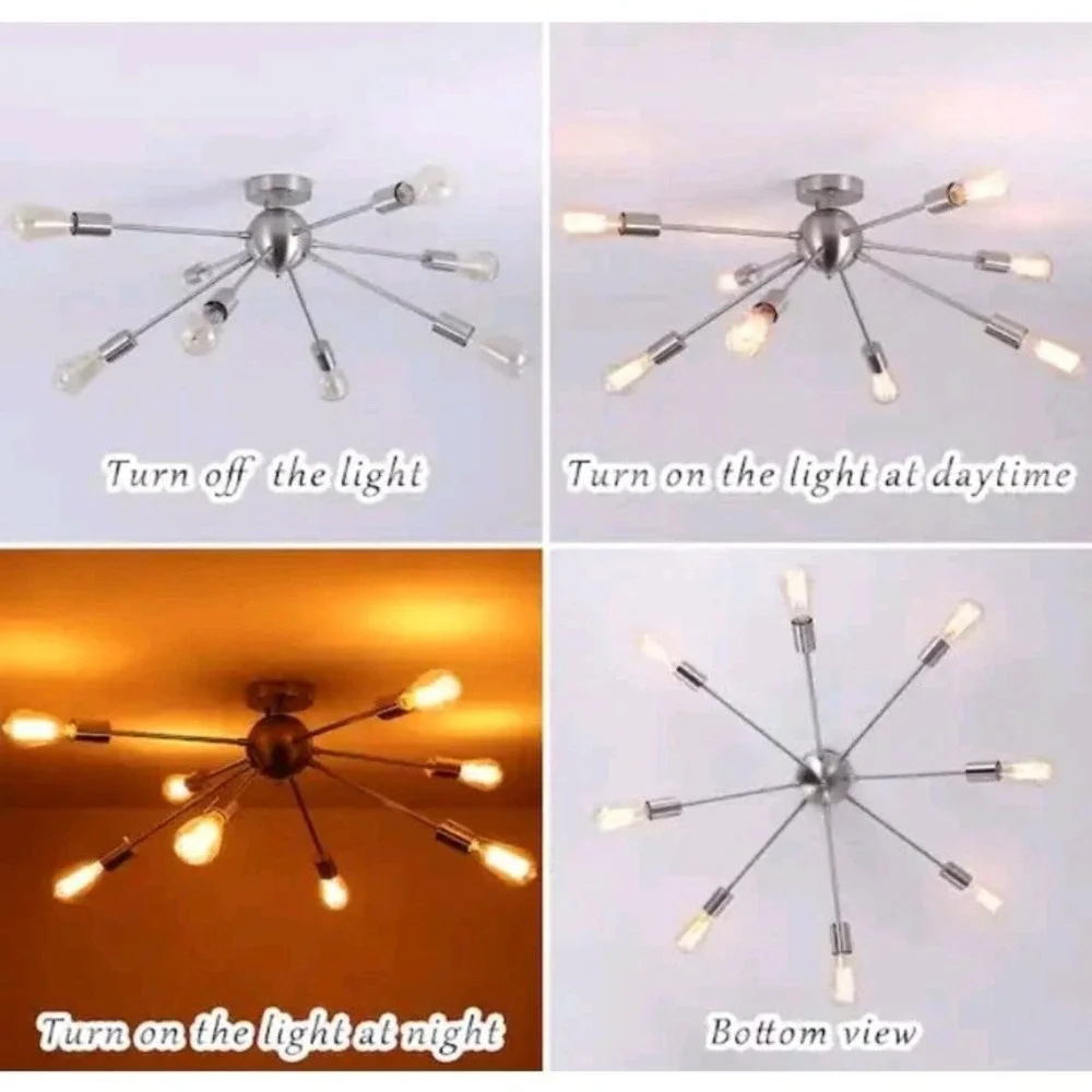 Chandelier Nickel Ceiling Lamp Semi Flush Mount 8-Light Sputnik Light Fixture